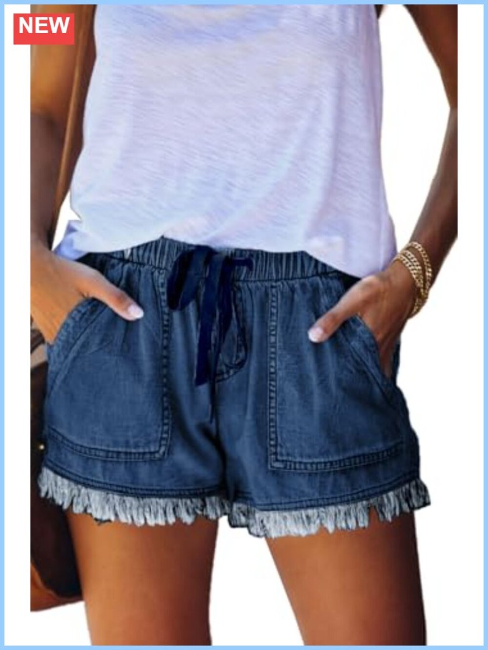 Women's High Rise Denim Shorts with Tassel Hem & Drawstring, 5 Pockets,